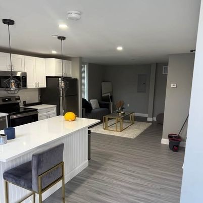 Interior, Kitchen, Living room, Pendant Lights, Recessed Lighting, Stainless Steel Appliances, Wood Texture Flooring