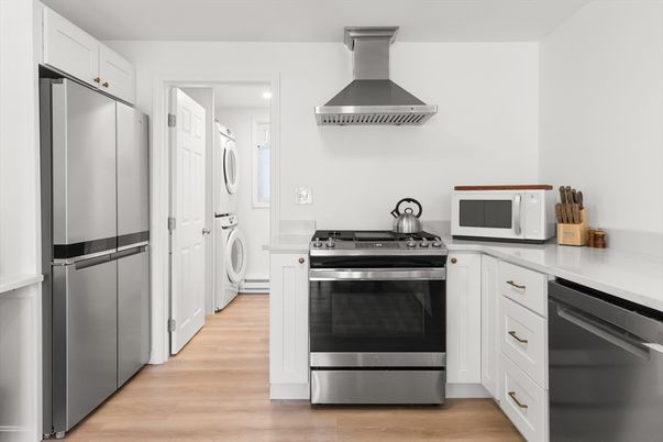 Interior, Kitchen, Stainless Steel Appliances, Washer, Wood Texture Flooring
