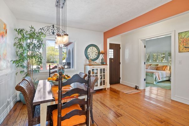 Bedroom, Dining room, Interior, Pendant Lights, Wood Texture Flooring