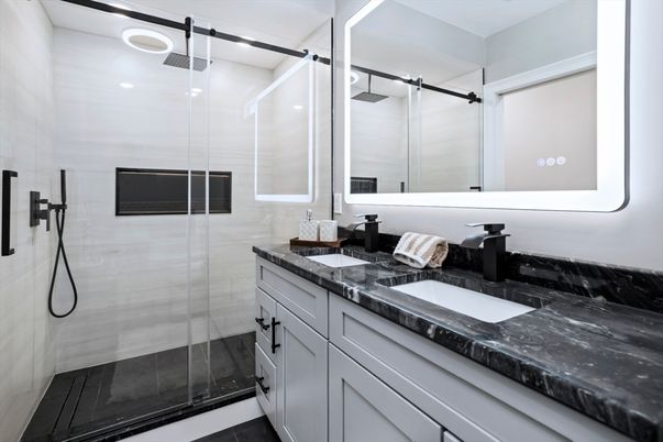 Bathroom, Dual Sink Vanities, Glass Shower, Interior, Recessed Lighting