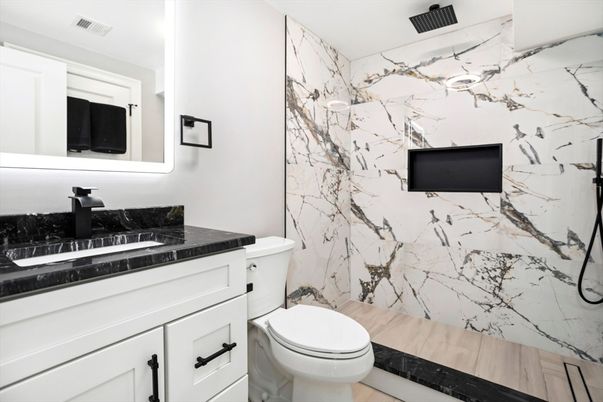 Bathroom, Interior, Marble Walls, Wood Texture Flooring