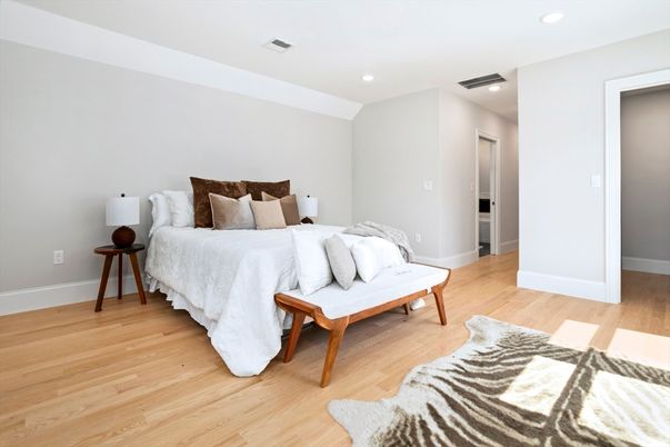 Bedroom, Interior, Recessed Lighting, Wood Texture Flooring
