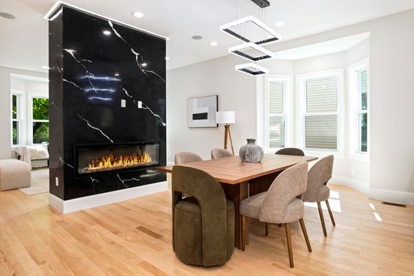 Dining room, Fireplace, Interior, Pendant Lights, Recessed Lighting, Wood Texture Flooring