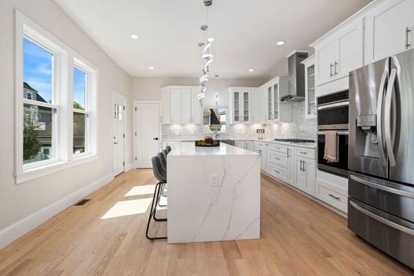 Interior, Kitchen, Pendant Lights, Recessed Lighting, Stainless Steel Appliances, Wood Texture Flooring