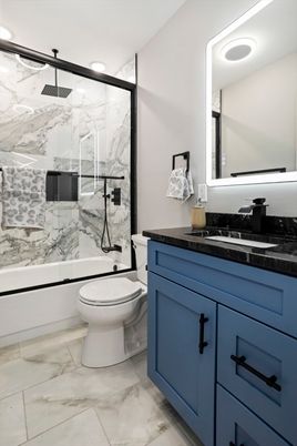 Bathroom, Glass Shower, Interior, Marble, Marble Walls, Recessed Lighting