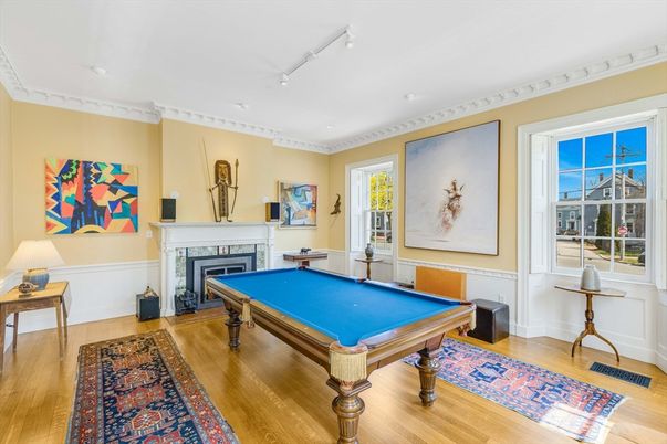 Billiard Table, Fireplace, Game Room, Interior, Wood Texture Flooring
