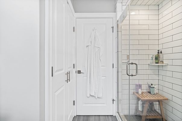 Bathroom, Glass Shower, Interior, Wood Texture Flooring