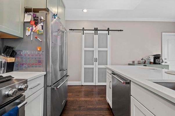 Interior, Kitchen, Recessed Lighting, Stainless Steel Appliances, Wood Texture Flooring