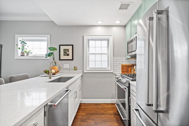 Interior, Kitchen, Recessed Lighting, Stainless Steel Appliances, Wood Texture Flooring
