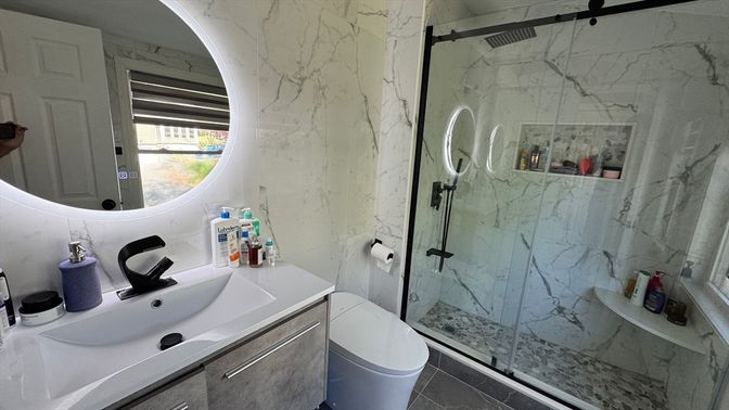 Bathroom, Glass Shower, Interior, Marble Walls