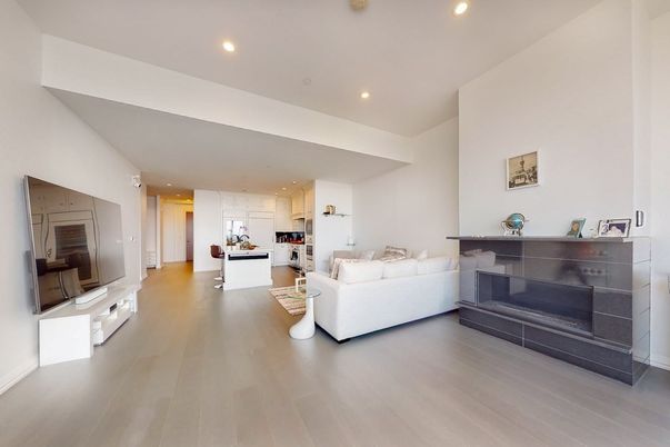 Fireplace, Interior, Kitchen, Living room, Recessed Lighting, Wood Texture Flooring