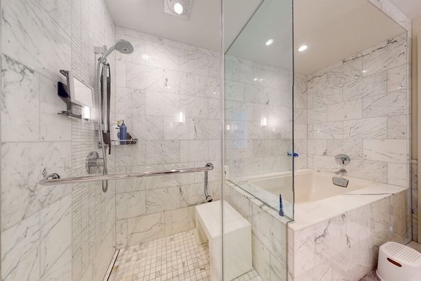 Bathroom, Glass Shower, Interior, Marble Walls, Recessed Lighting