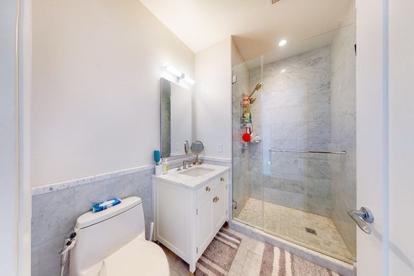 Bathroom, Glass Shower, Interior, Marble Walls, Recessed Lighting