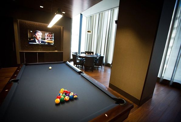 Billiard Table, Dining room, Game Room, Interior, Pendant Lights, Wood Texture Flooring