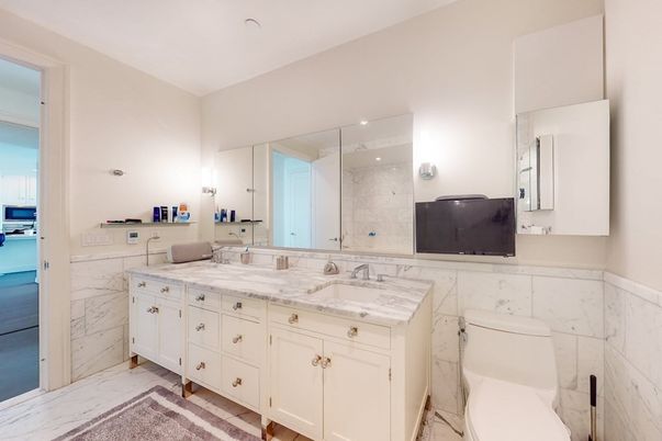 Bathroom, Dual Sink Vanities, Interior, Marble, Marble Walls, Recessed Lighting