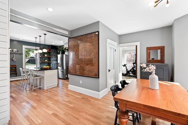 Dining room, Interior, Kitchen, Pendant Lights, Recessed Lighting, Stainless Steel Appliances, Wood Texture Flooring