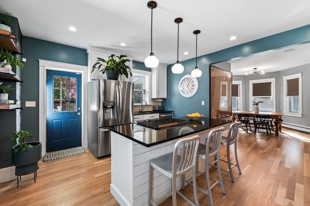 Dining room, Interior, Kitchen, Pendant Lights, Recessed Lighting, Stainless Steel Appliances, Wood Texture Flooring