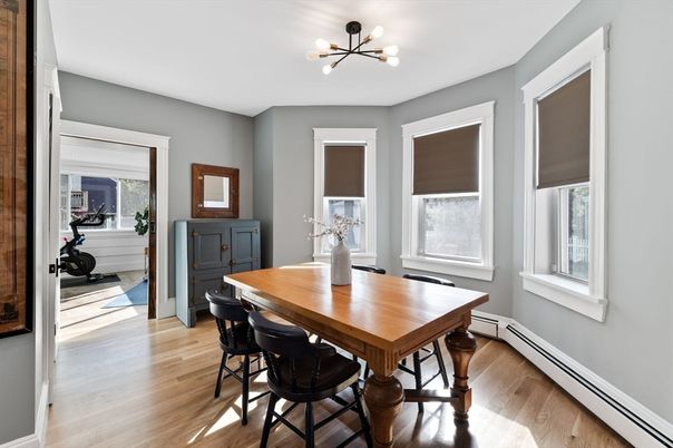 Dining room, Interior, Pendant Lights, Wood Texture Flooring