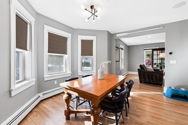 Dining room, Interior, Pendant Lights, Recessed Lighting, Wood Texture Flooring