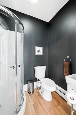 Bathroom, Glass Shower, Interior, Wood Texture Flooring