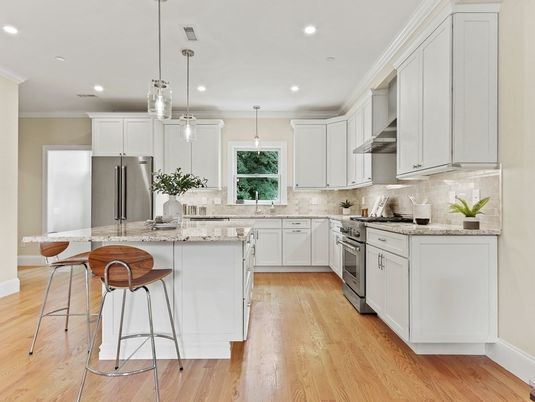 Interior, Kitchen, Pendant Lights, Recessed Lighting, Stainless Steel Appliances, Wood Texture Flooring