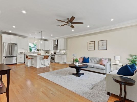 Interior, Kitchen, Living room, Pendant Lights, Recessed Lighting, Stainless Steel Appliances, Wood Texture Flooring