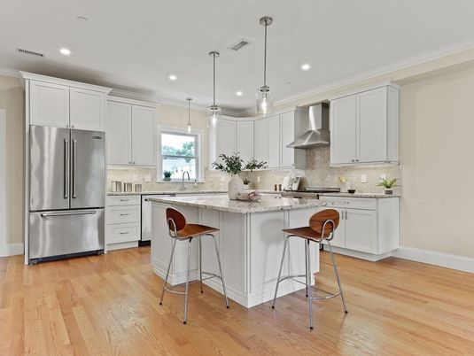 Interior, Kitchen, Pendant Lights, Recessed Lighting, Stainless Steel Appliances, Wood Texture Flooring