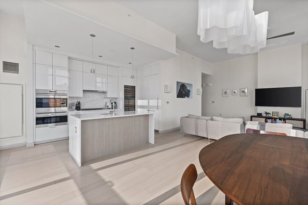 Dining room, Interior, Kitchen, Living room, Pendant Lights, Stainless Steel Appliances, Wood Texture Flooring