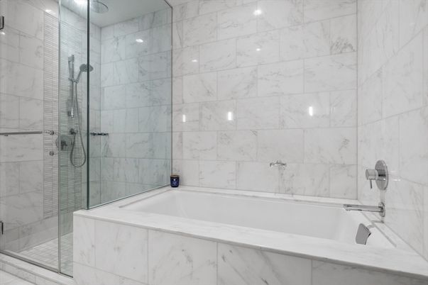 Bathroom, Glass Shower, Interior, Marble Walls, Recessed Lighting