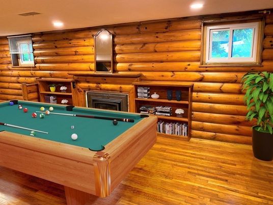 Billiard Table, Fireplace, Game Room, Interior, Recessed Lighting, Wood Texture Flooring, Wooden Walls