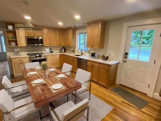 Dining room, Interior, Kitchen, Pendant Lights, Recessed Lighting, Stainless Steel Appliances, Wood Texture Flooring