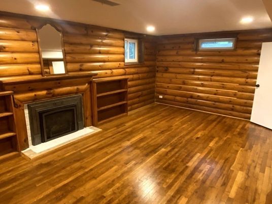 Empty room, Fireplace, Interior, Recessed Lighting, Wood Texture Flooring, Wooden Walls