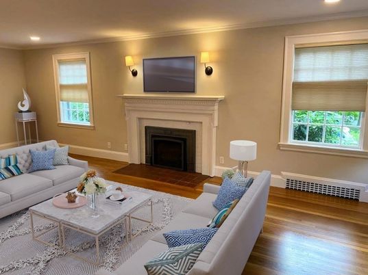 Fireplace, Interior, Living room, Recessed Lighting, Wood Texture Flooring