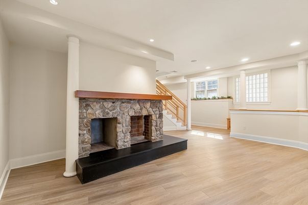 Fireplace, Interior, Recessed Lighting, Wood Texture Flooring