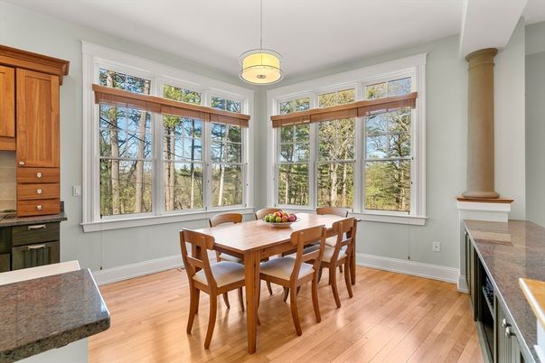 Dining room, Interior, Pendant Lights, Wood Texture Flooring