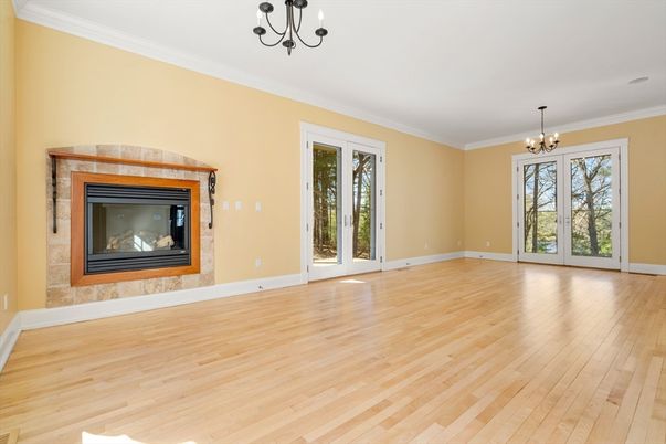 Chandelier, Empty room, Fireplace, Interior, Wood Texture Flooring