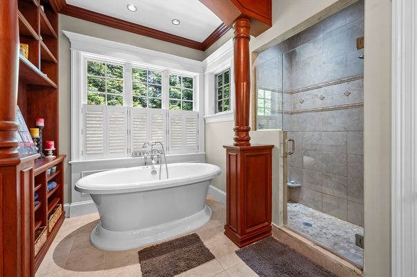 Bathroom, Free Standing Baths, Glass Shower, Interior, Recessed Lighting