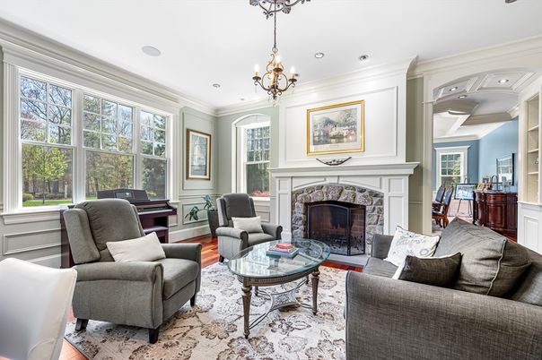 Chandelier, Fireplace, Interior, Living room, Piano, Recessed Lighting, Wood Texture Flooring