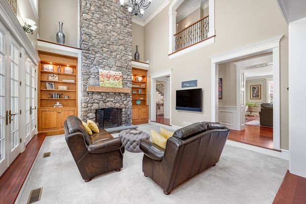 Chandelier, Fireplace, Interior, Living room, Stone Walls, Wood Texture Flooring