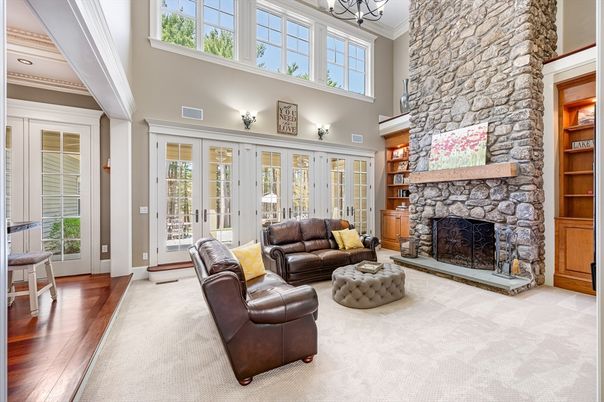 Chandelier, Fireplace, Interior, Living room, Stone Walls, Wood Texture Flooring