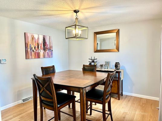 Dining room, Interior, Pendant Lights, Wood Texture Flooring