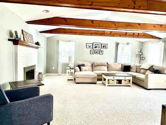 Fireplace, Interior, Living room, Recessed Lighting, Wooden Beams