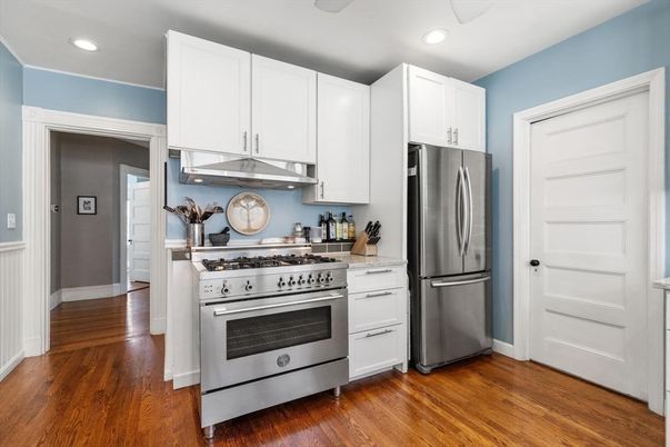 Interior, Kitchen, Recessed Lighting, Stainless Steel Appliances, Wood Texture Flooring
