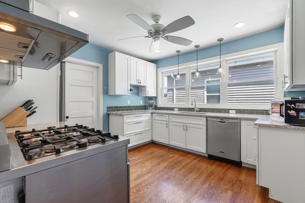 Interior, Kitchen, Pendant Lights, Recessed Lighting, Stainless Steel Appliances, Wood Texture Flooring