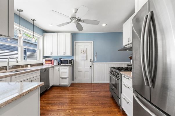 Interior, Kitchen, Pendant Lights, Recessed Lighting, Stainless Steel Appliances, Wood Texture Flooring