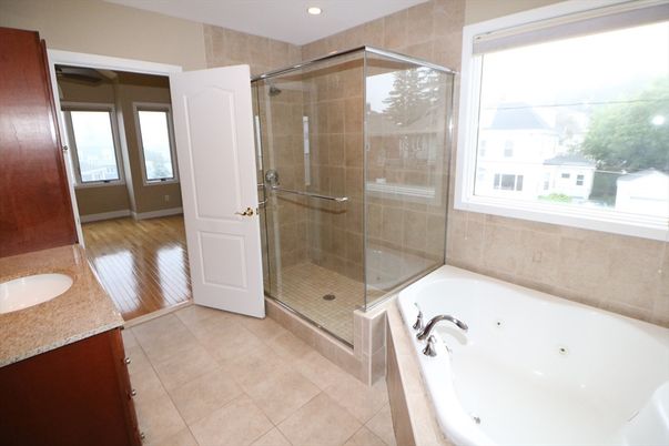Bathroom, Glass Shower, Interior, Recessed Lighting, Wood Texture Flooring