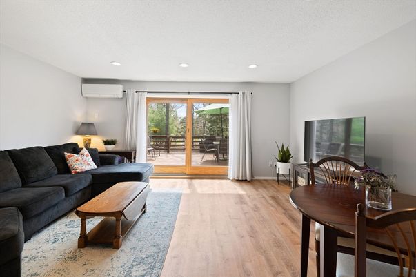 Dining room, Interior, Living room, Recessed Lighting, Wood Texture Flooring