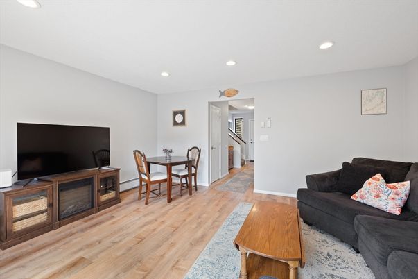 Dining room, Interior, Living room, Recessed Lighting, Wood Texture Flooring