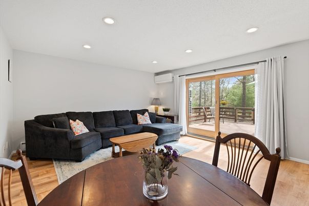 Dining room, Interior, Living room, Recessed Lighting, Wood Texture Flooring