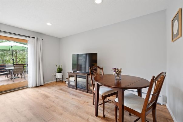 Dining room, Interior, Recessed Lighting, Wood Texture Flooring
